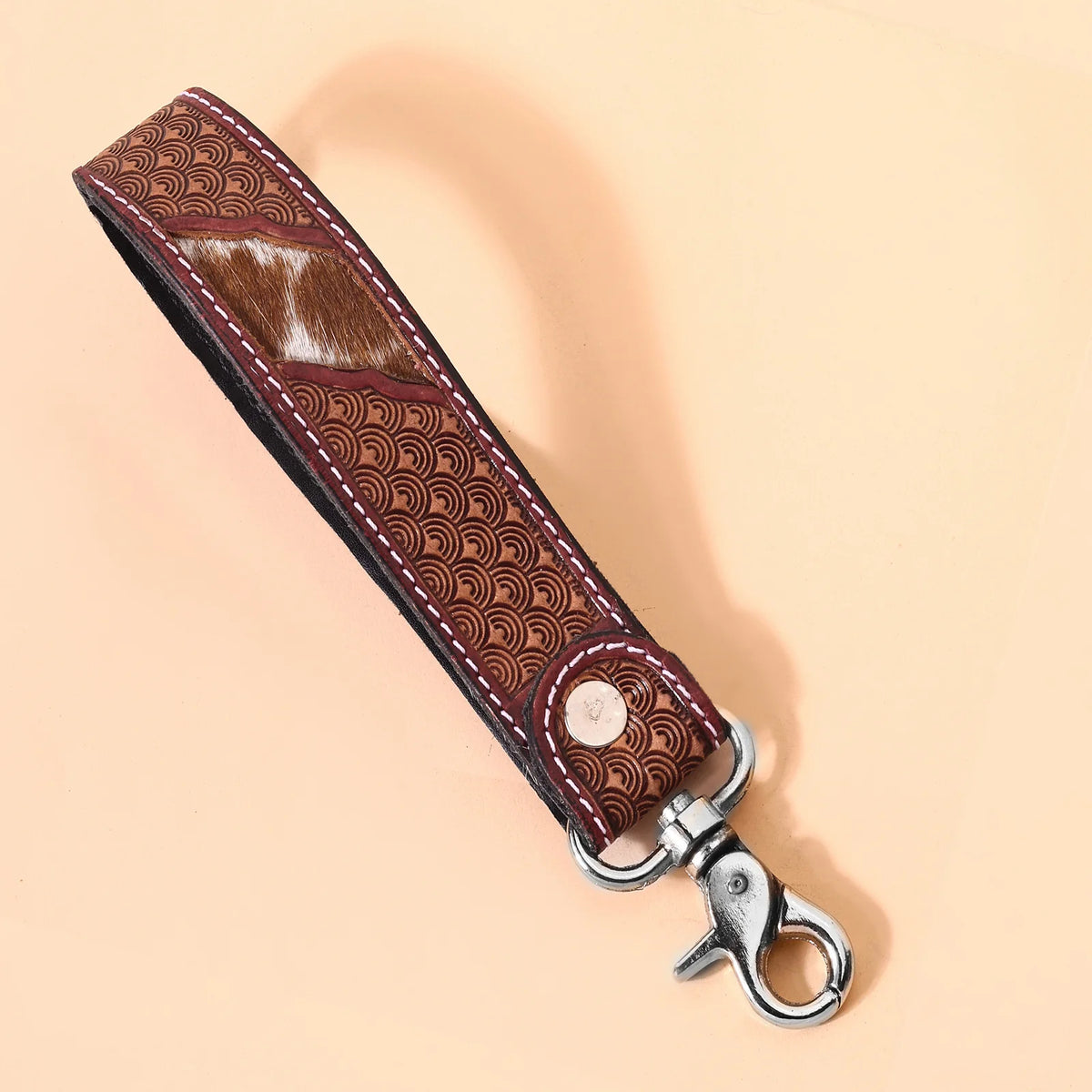 Soaring Bloom Handtooled Leather Keyfob In Barn Red
