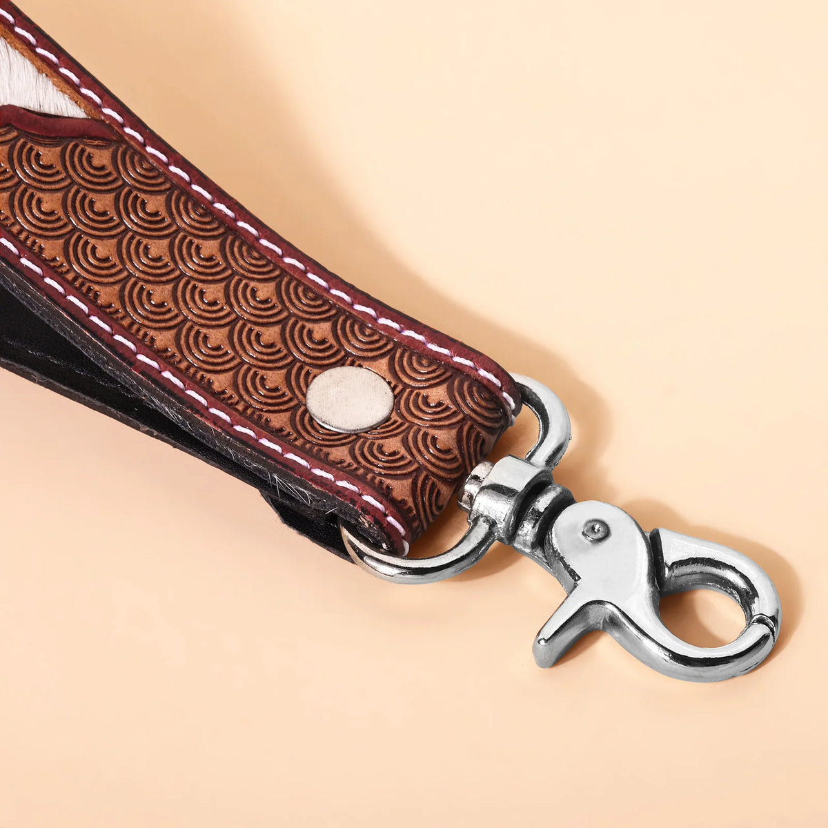 Soaring Bloom Handtooled Leather Keyfob In Barn Red