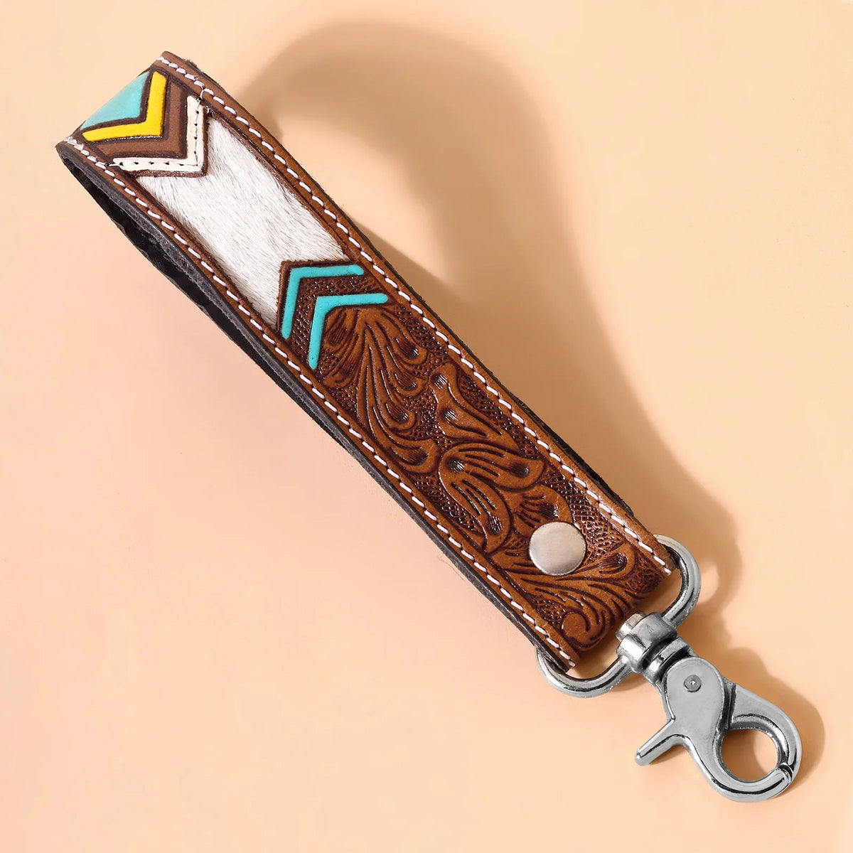 Soaring Bloom Handtooled Leather Keyfob In Desert Turquoise