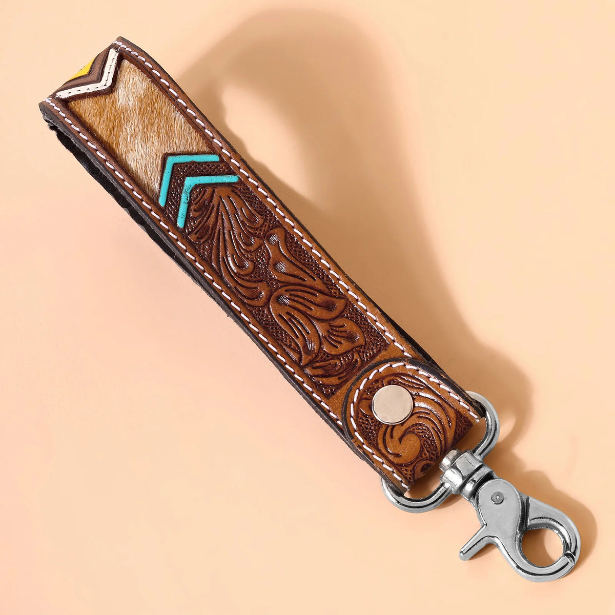 Soaring Bloom Handtooled Leather Keyfob In Desert Turquoise