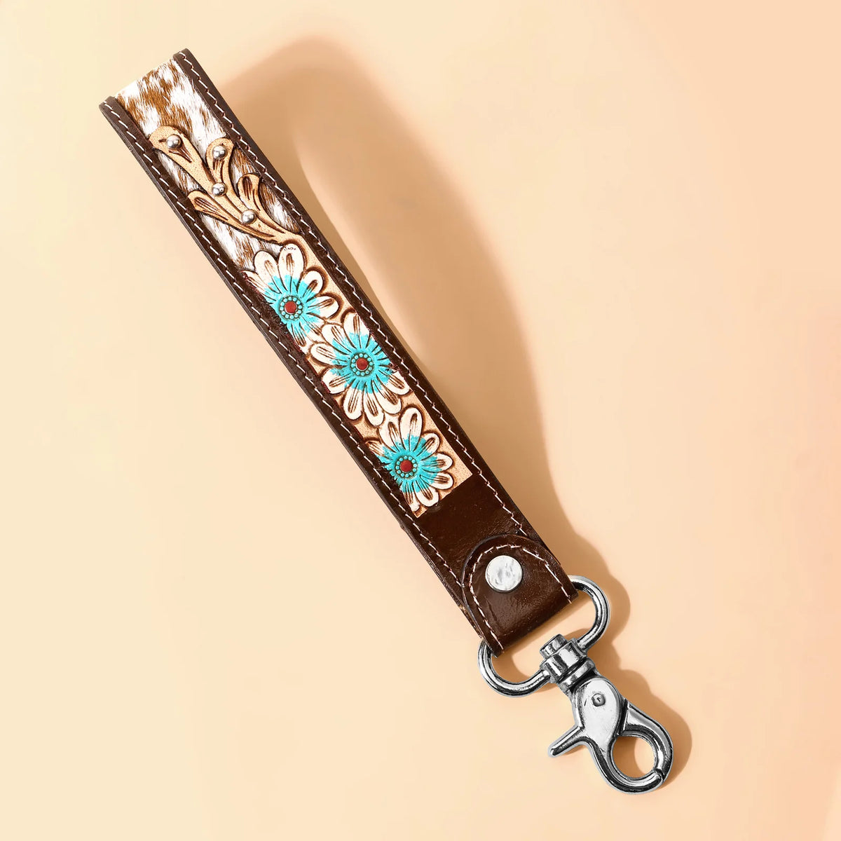 Wildhue Western Key Fob In Tan With Handtooled Floral Detail