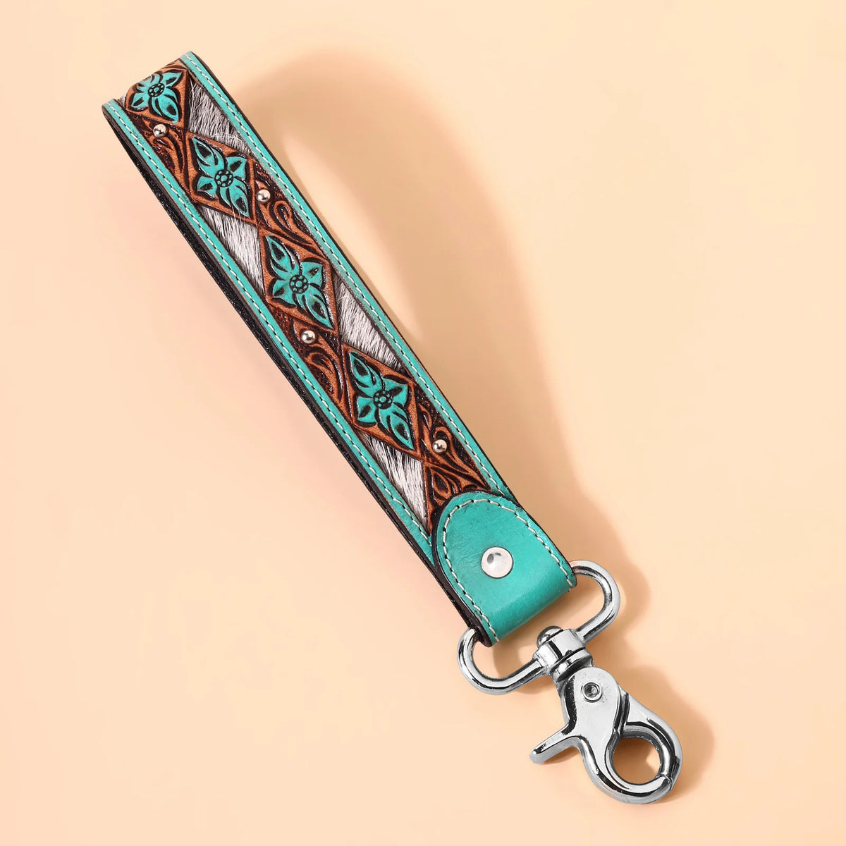 Wildhue Western Key Fob In Turquoise With Handtooled Floral Detail