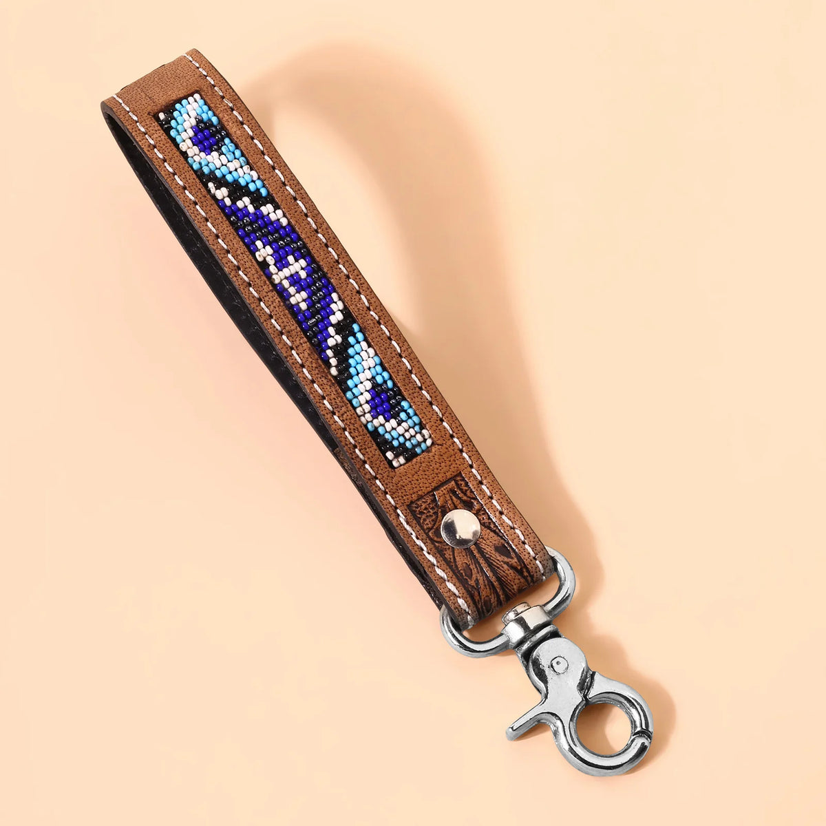 Tobosa Key Fob In Blue With Beaded Aztec Panel