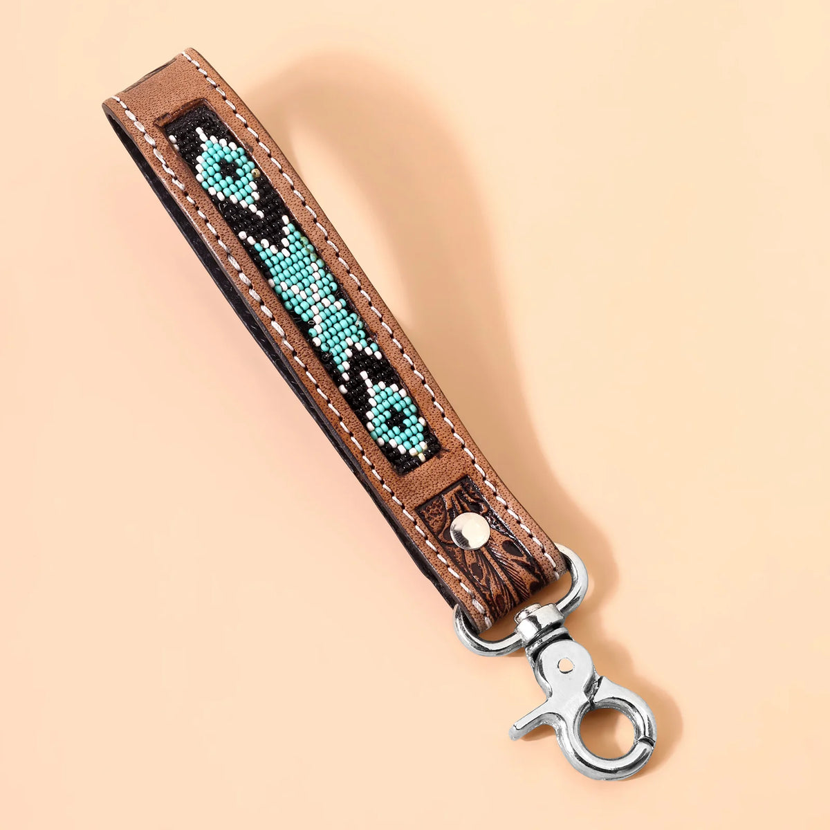 Tobosa Key Fob In Aqua With Beaded Southwest Panel