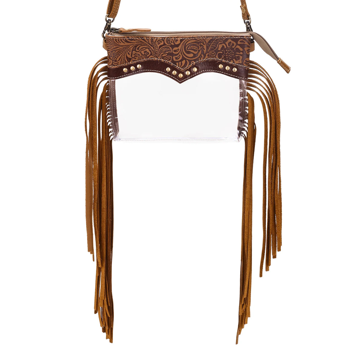 Chuckline Clear Crossbody Bag For Women In Tan With Suede Fringe