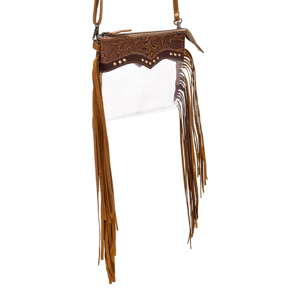 Chuckline Clear Crossbody Bag For Women In Tan With Suede Fringe