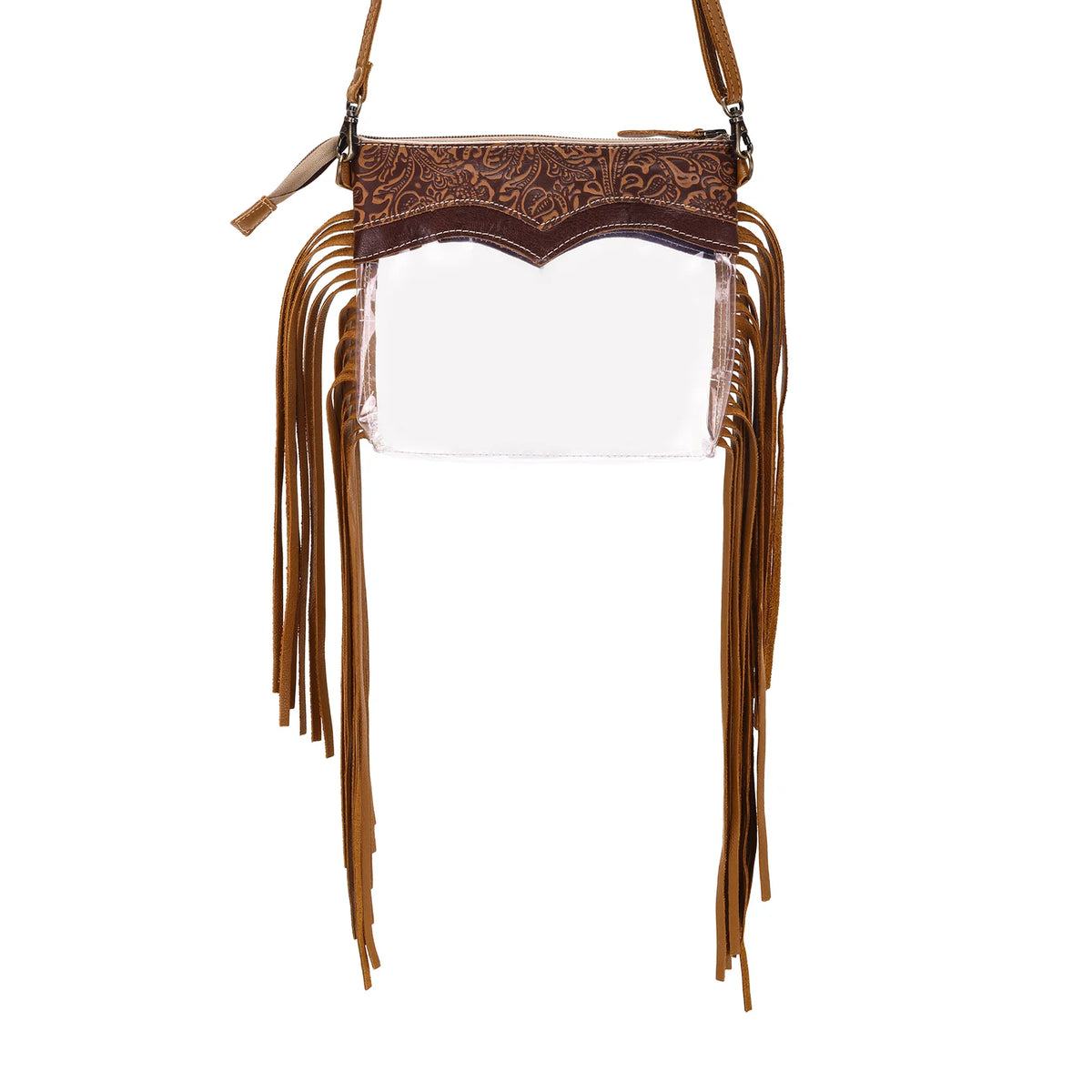 Chuckline Clear Crossbody Bag For Women In Tan With Suede Fringe