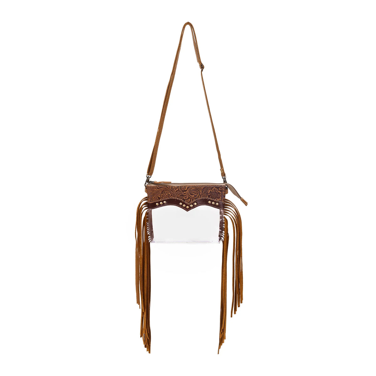 Chuckline Clear Crossbody Bag For Women In Tan With Suede Fringe