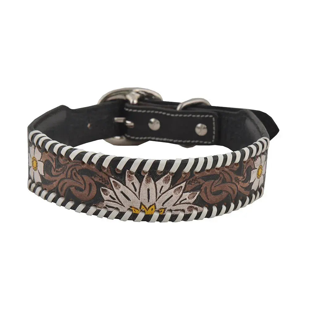 OXY DAISY HAND-TOOLED PADDED LEATHER DOG COLLAR Dog