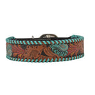 TEAL RED BLOOM HAND-TOOLED PADDED LEATHER DOG COLLAR WITH TEAL LACING Dog