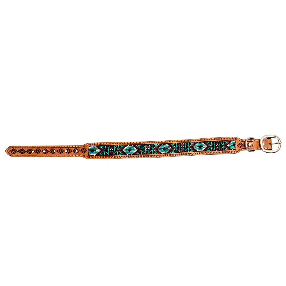 TEAL WHITZER AZTEC HAND-TOOLED PADDED LEATHER DOG COLLAR Dog