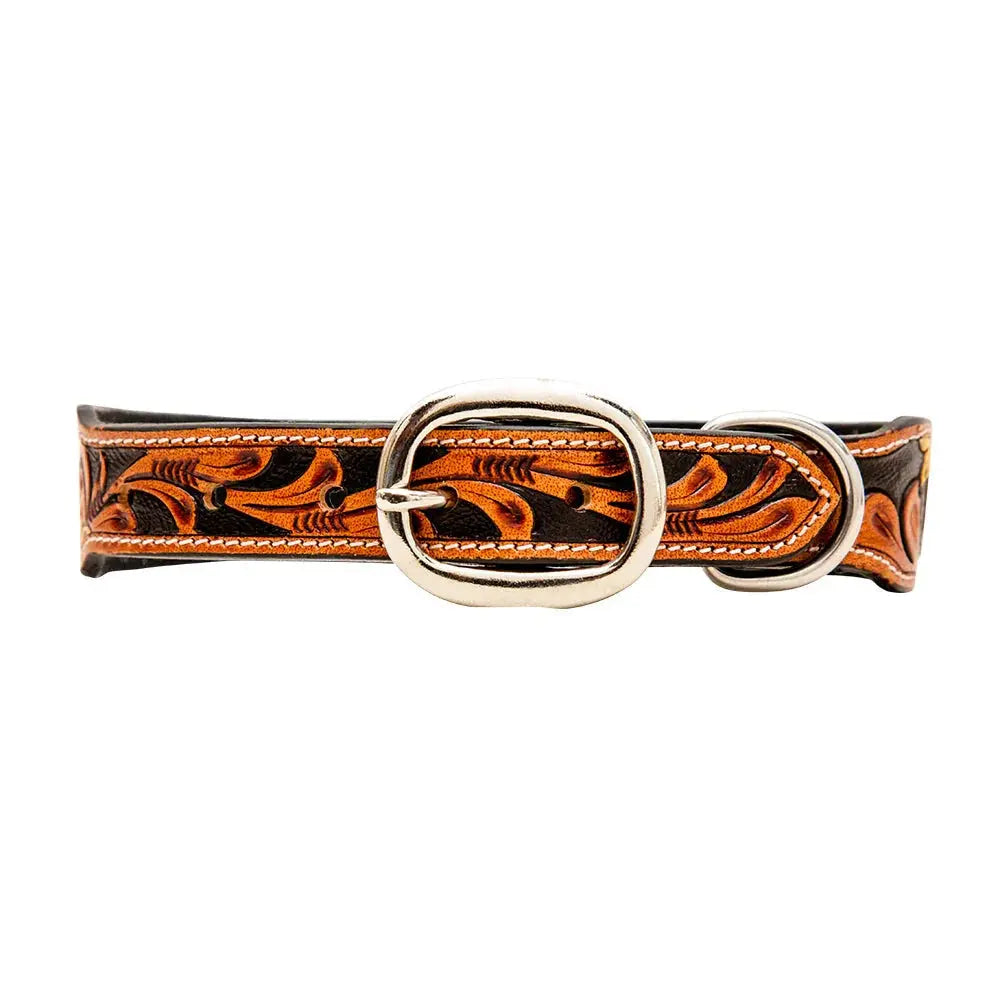 YELLOW SUNFLOWER HAND-TOOLED PADDED LEATHER DOG COLLAR Dog