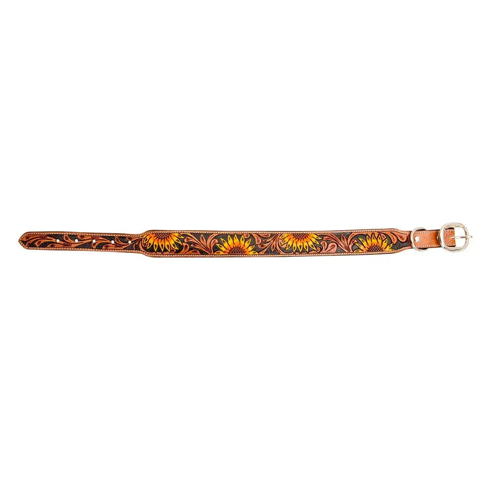 YELLOW SUNFLOWER HAND-TOOLED PADDED LEATHER DOG COLLAR Dog