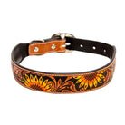 YELLOW SUNFLOWER HAND-TOOLED PADDED LEATHER DOG COLLAR Dog