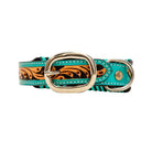TEAL LACED HAND-TOOLED PADDED LEATHER DOG COLLAR Dog