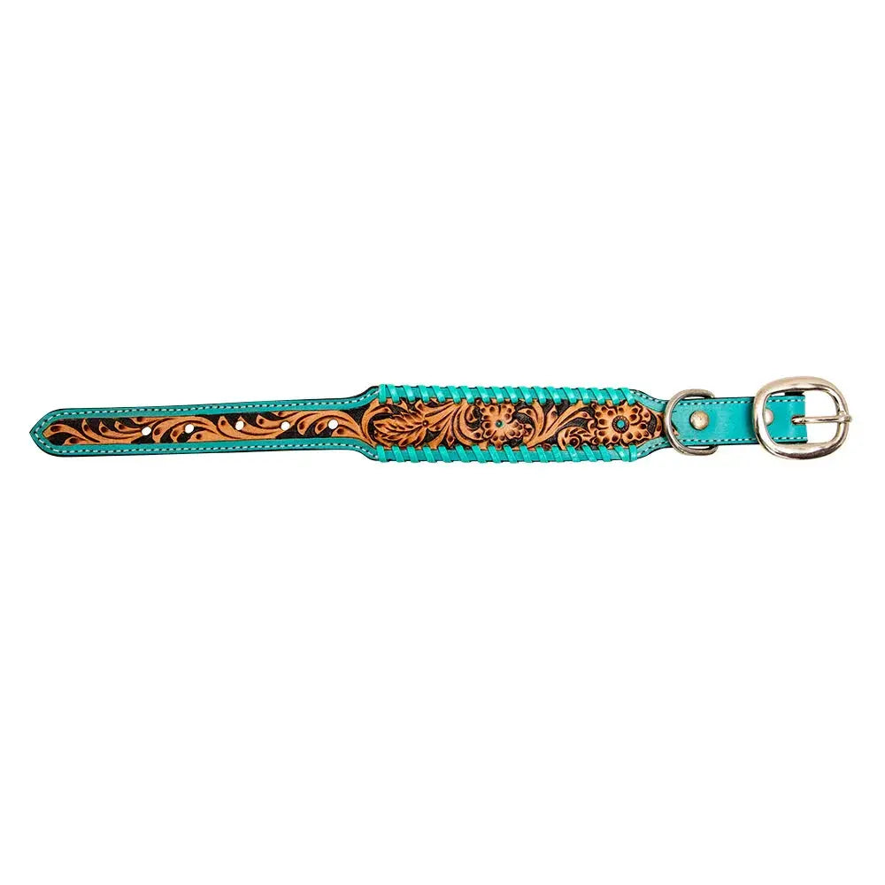 TEAL LACED HAND-TOOLED PADDED LEATHER DOG COLLAR Dog