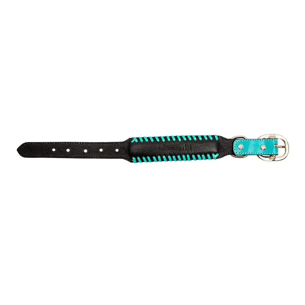 TEAL LACED HAND-TOOLED PADDED LEATHER DOG COLLAR Dog