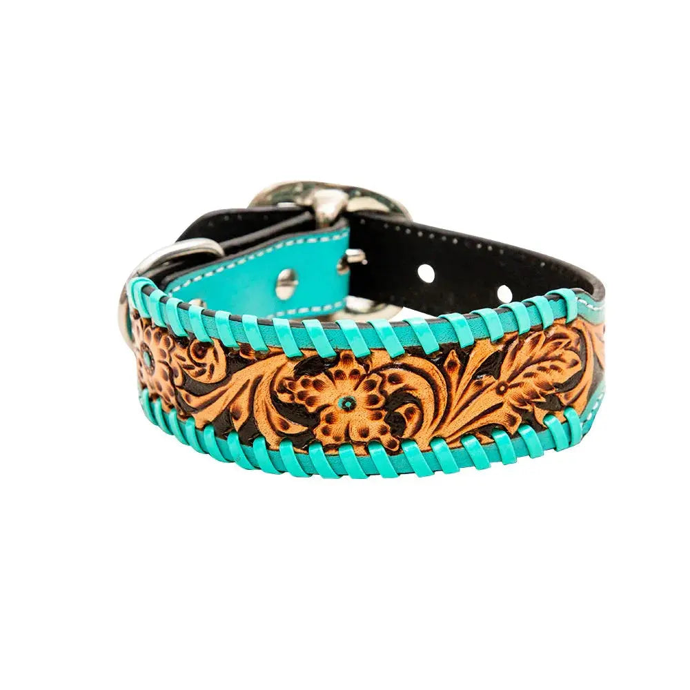 TEAL LACED HAND-TOOLED PADDED LEATHER DOG COLLAR Dog