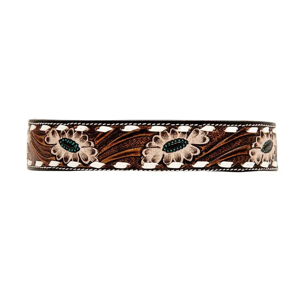 WHITE TOOLED FLOWER HAND-TOOLED PADDED LEATHER DOG COLLAR Dog