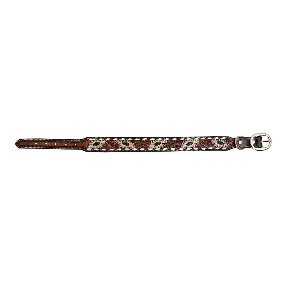 WHITE TOOLED FLOWER HAND-TOOLED PADDED LEATHER DOG COLLAR Dog