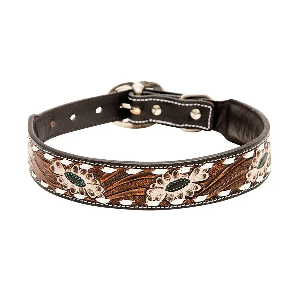 WHITE TOOLED FLOWER HAND-TOOLED PADDED LEATHER DOG COLLAR Dog