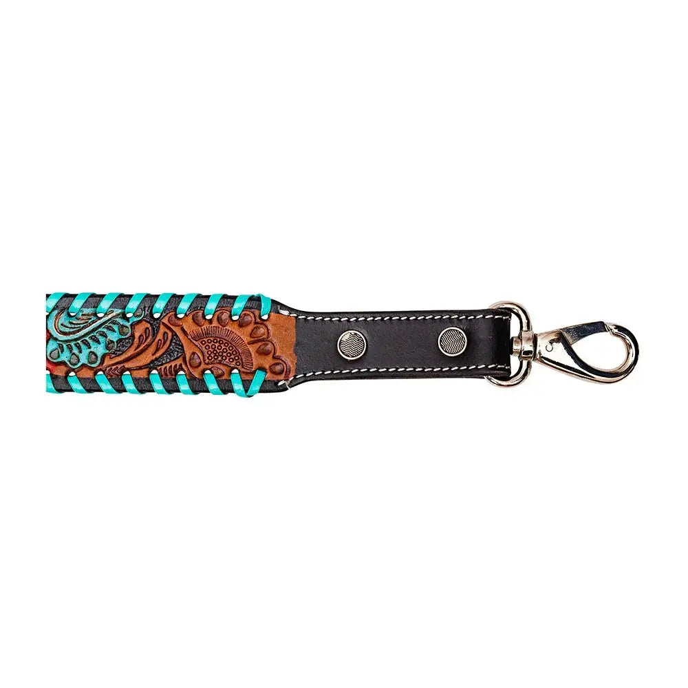 TEAL RED BLOOM HAND-TOOLED LEATHER STRAP