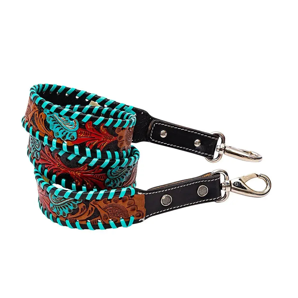 TEAL RED BLOOM HAND-TOOLED LEATHER STRAP