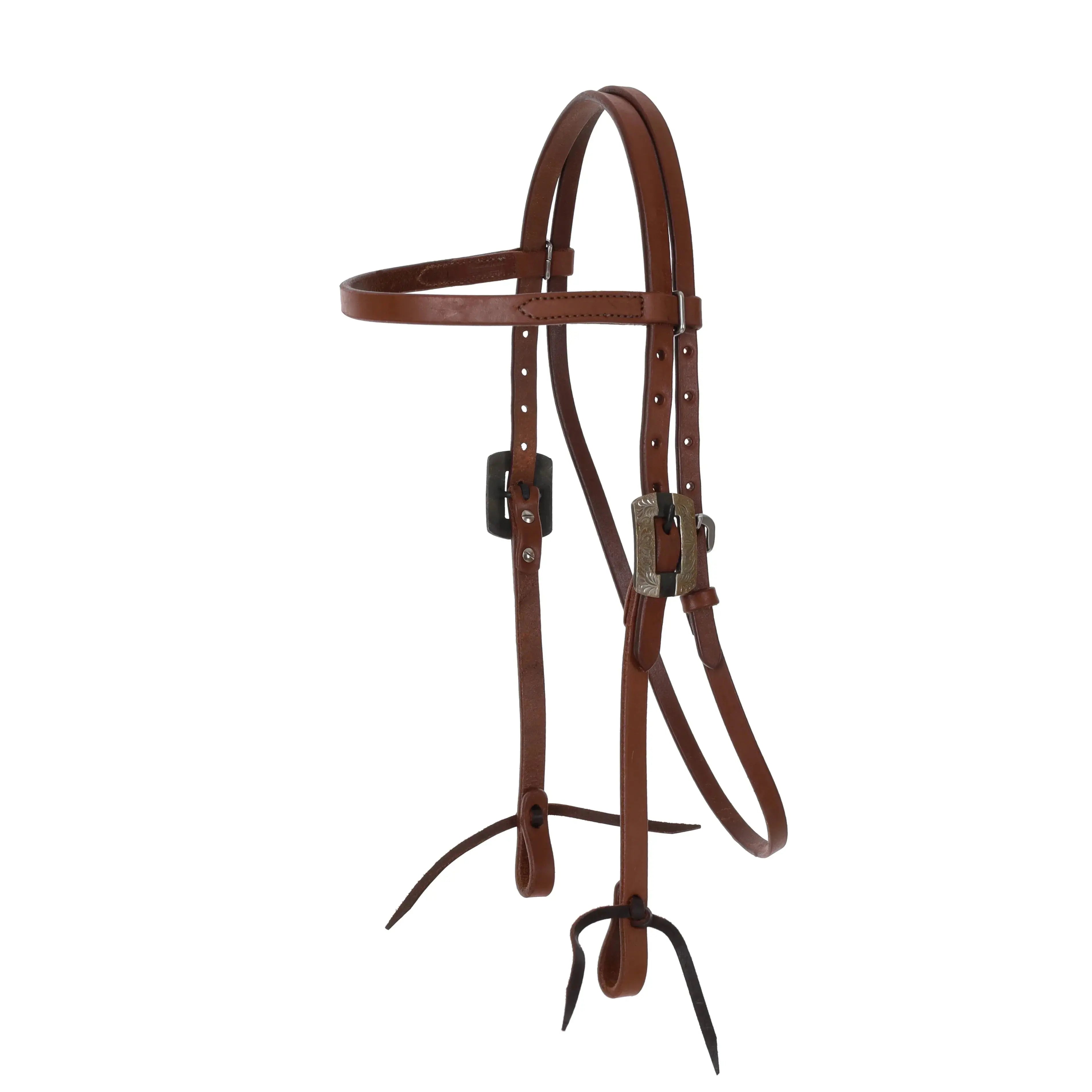 Oiled Harness Leather Browband Headstall - Engraved Buckles Horse