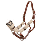 Pinto Mohair and Leather Halter with brown leather and woven rope straps