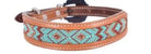 Genuine leather dog collar with teal beaded inlay Dog