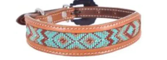 Genuine leather dog collar with teal beaded inlay Dog