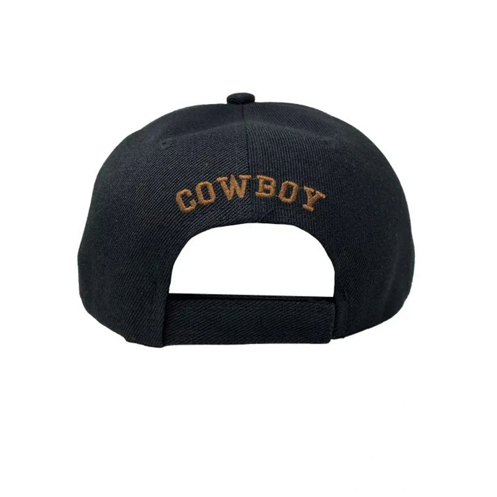 Back of black 100% Real Cowboy YEE HAW baseball cap with tan cowboy embroidery