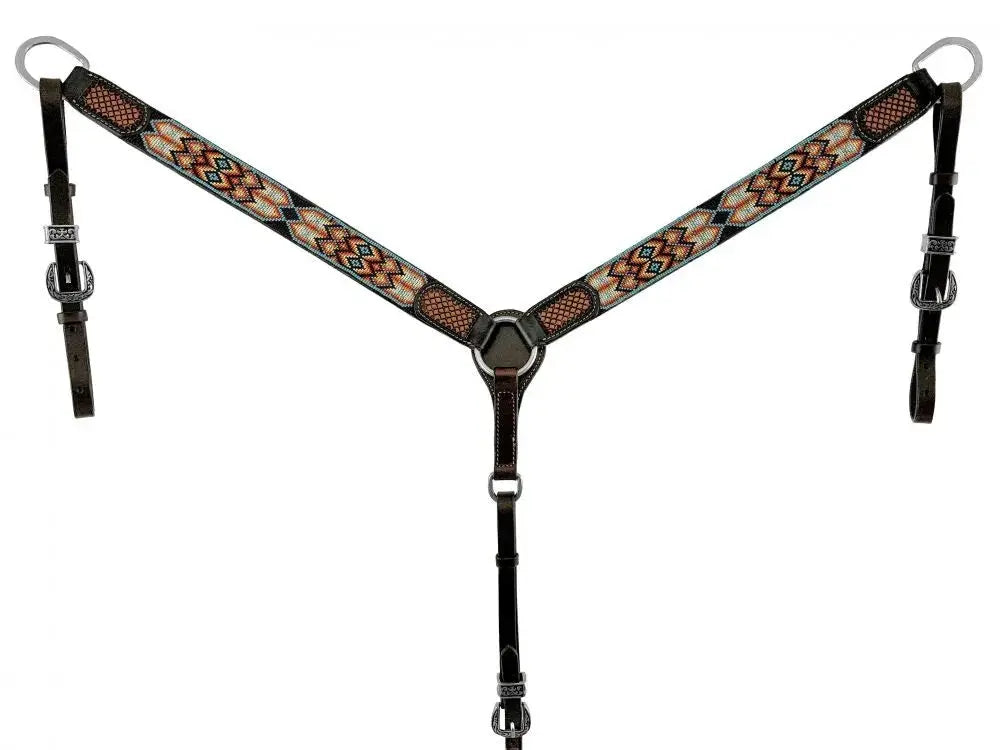 Dark Brown Argentina Cow Leather Breast Collar with Southwest Aztec Beaded Inlays Horse