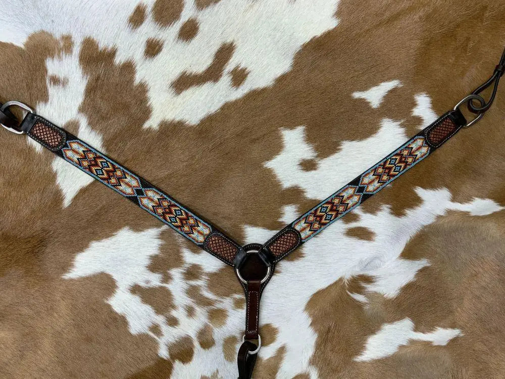 Dark Brown Argentina Cow Leather Breast Collar with Southwest Aztec Beaded Inlays Horse