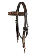 Two Tone Argentina Cow Leather Browband Headstall with Aztec Beaded Inlays Horse