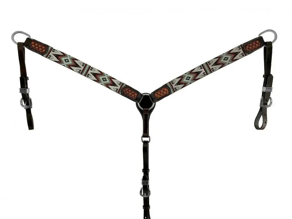 Dark Brown Argentina Cow Leather Breast Collar with Southwest Beaded Inlays Horse