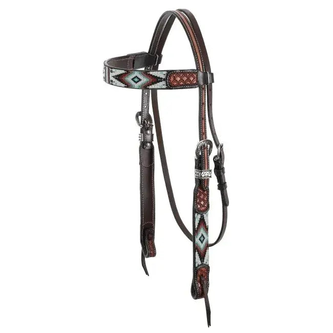 Two Tone Argentina Cow Leather Browband Headstall with Southwest Beaded Inlays Horse