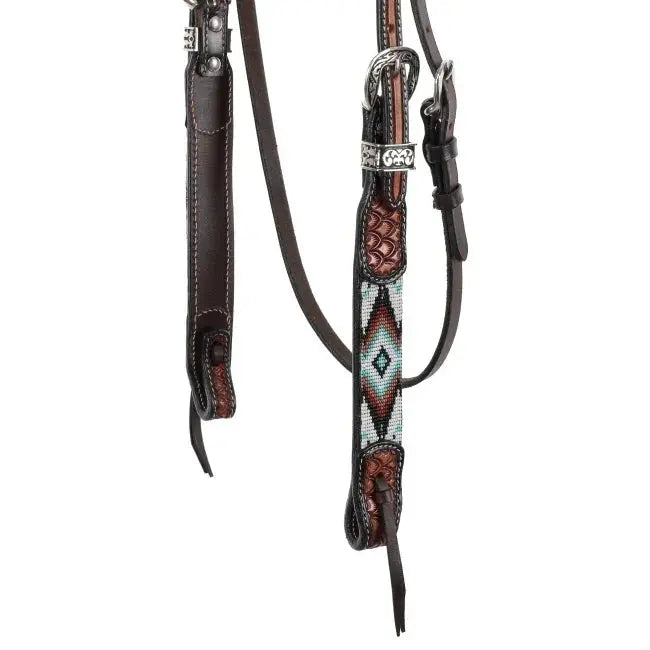 Two Tone Argentina Cow Leather Browband Headstall with Southwest Beaded Inlays Horse