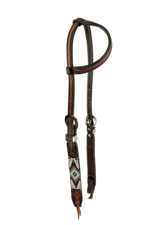 Two Tone Argentina Cow Leather One Ear Headstall with Southwest Beaded Inlays Horse