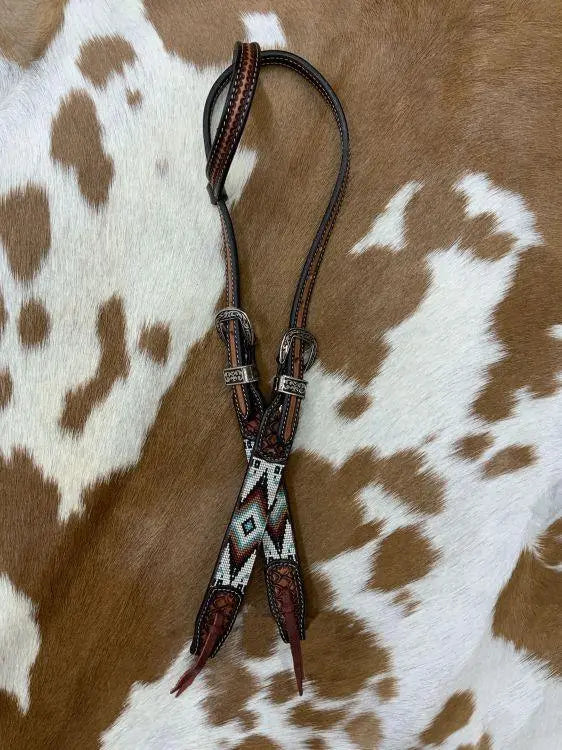 Two Tone Argentina Cow Leather One Ear Headstall with Southwest Beaded Inlays Horse