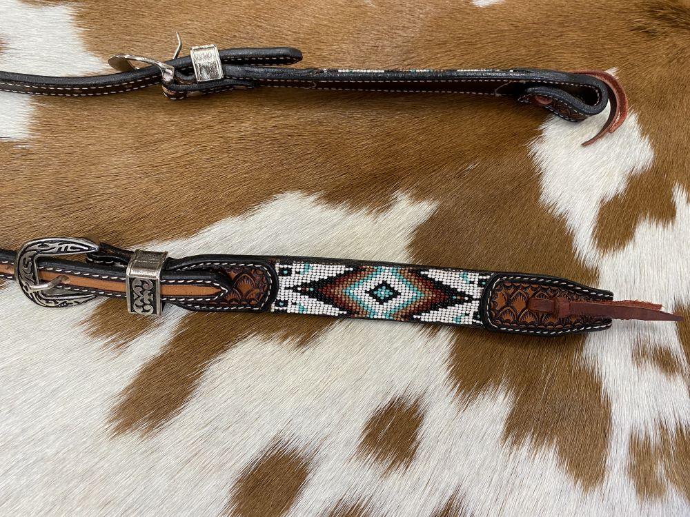 Two Tone Argentina Cow Leather One Ear Headstall with Southwest Beaded Inlays Horse