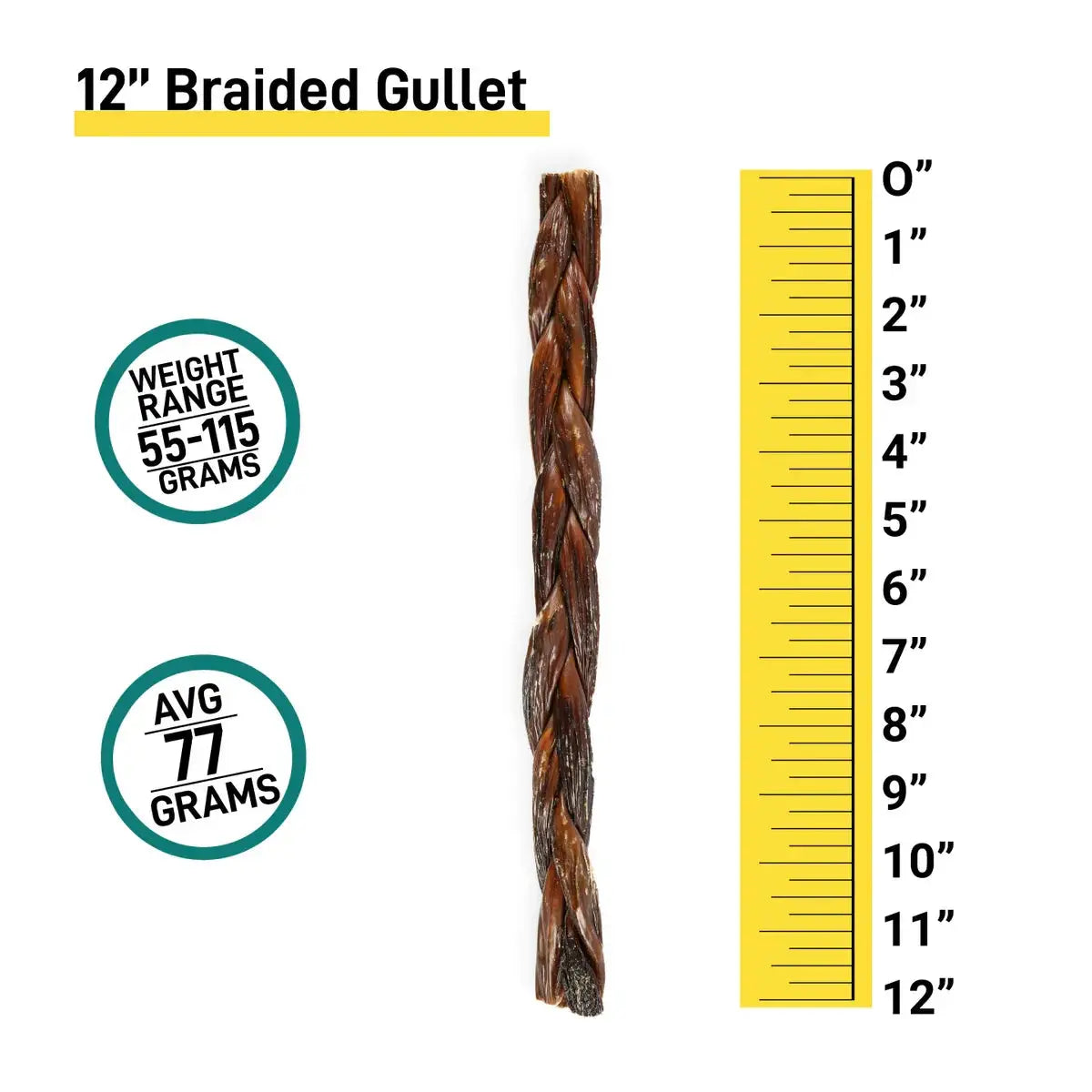 12-inch braided gullet dog treat with dark brown twisted texture