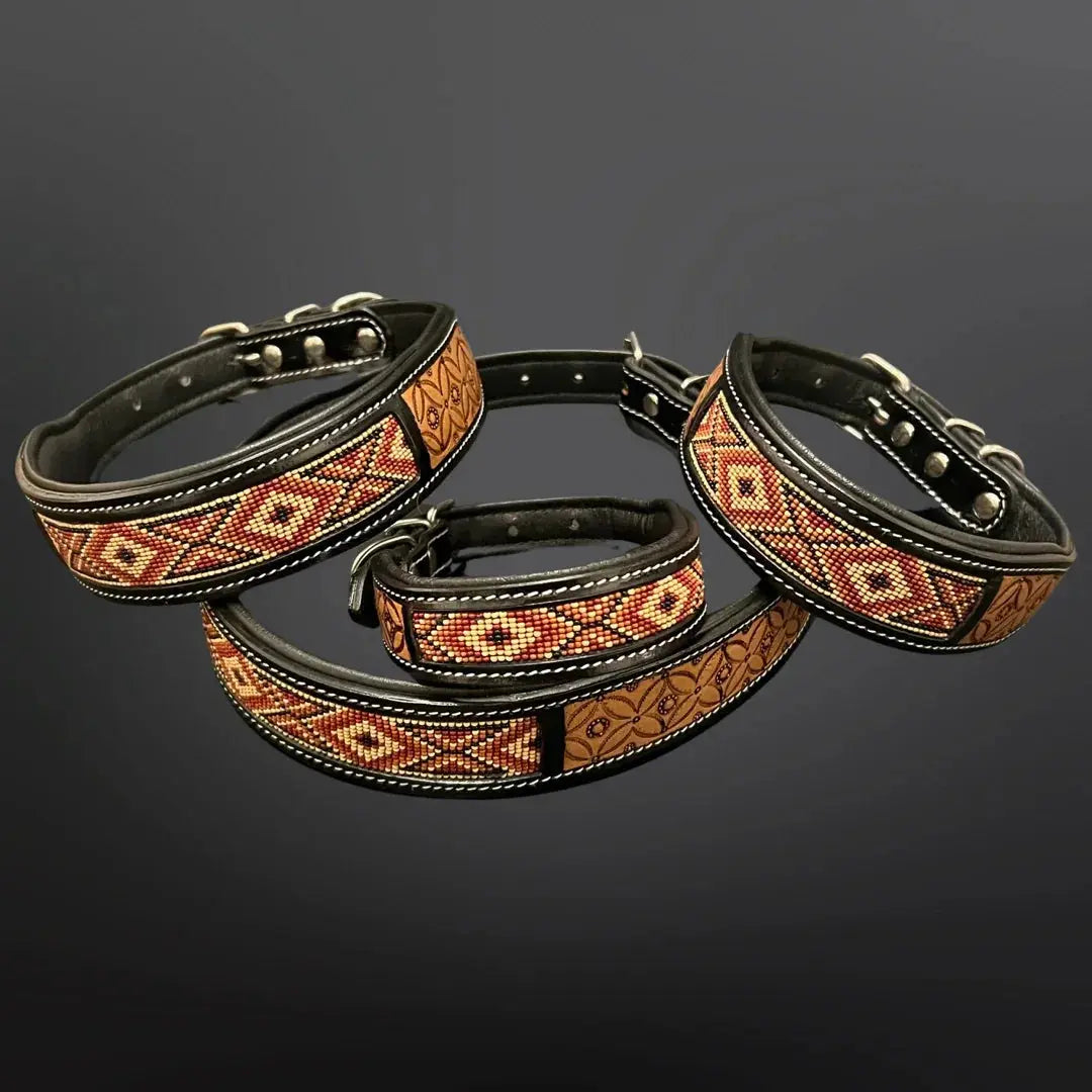Western Beaded Dog Collar - Tooled Leather Dog
