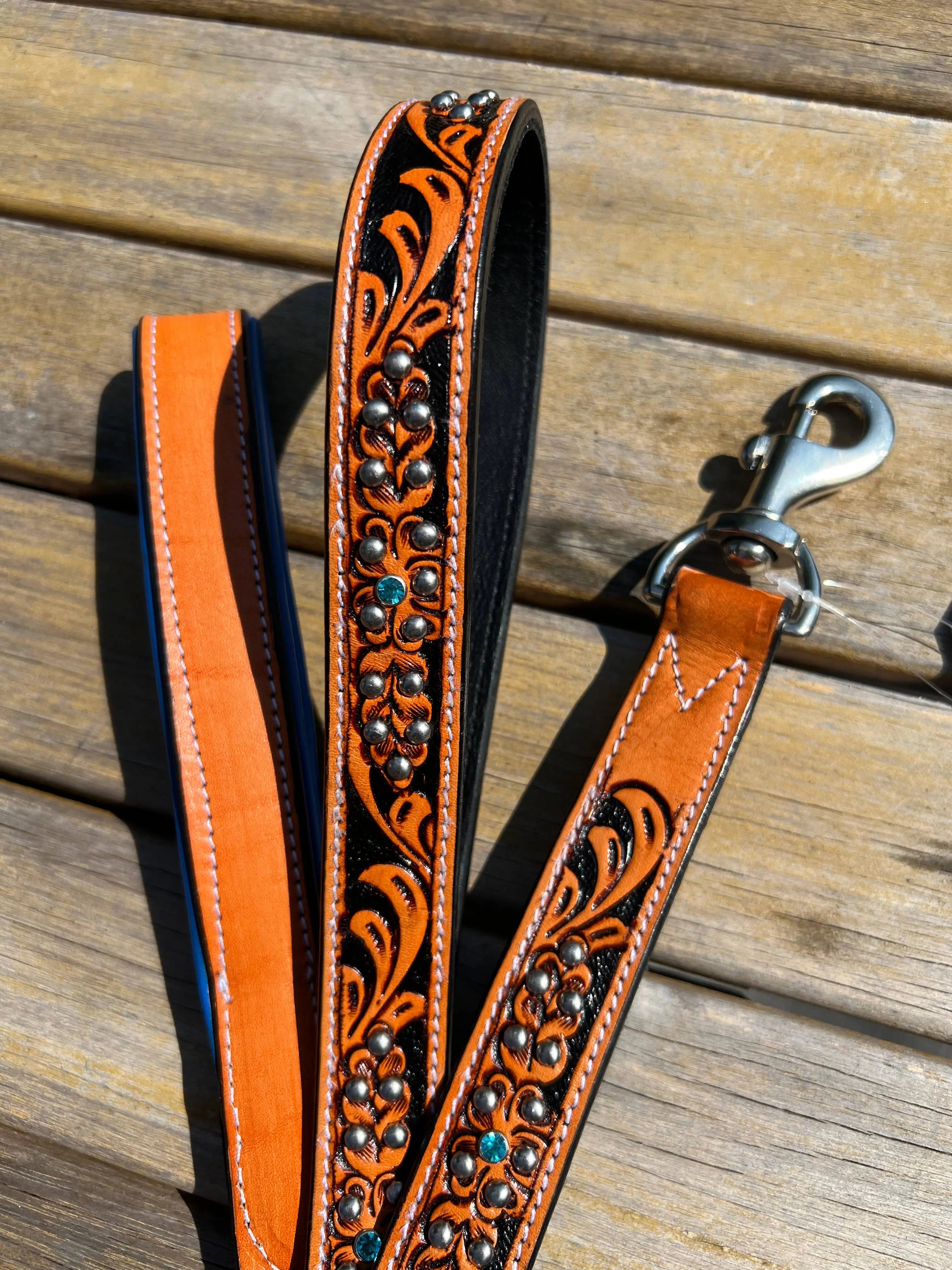 Western Tooled Leather Fancy Dog Leash Blue Padded Handle Dog