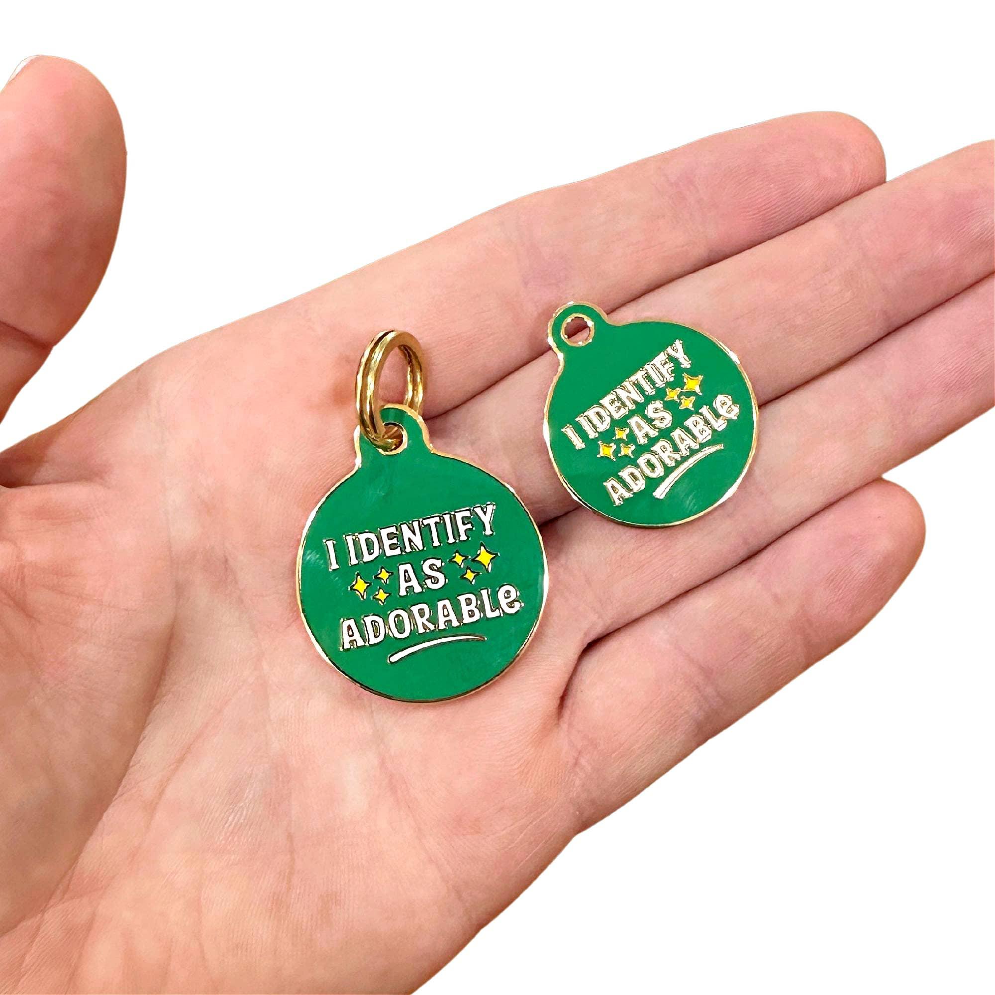 Personalized Gold Dog Tag Charm - I Identify as Adorable