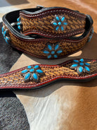 Western Basket Stamped Leather Turquoise Concho Dog Collar Dog
