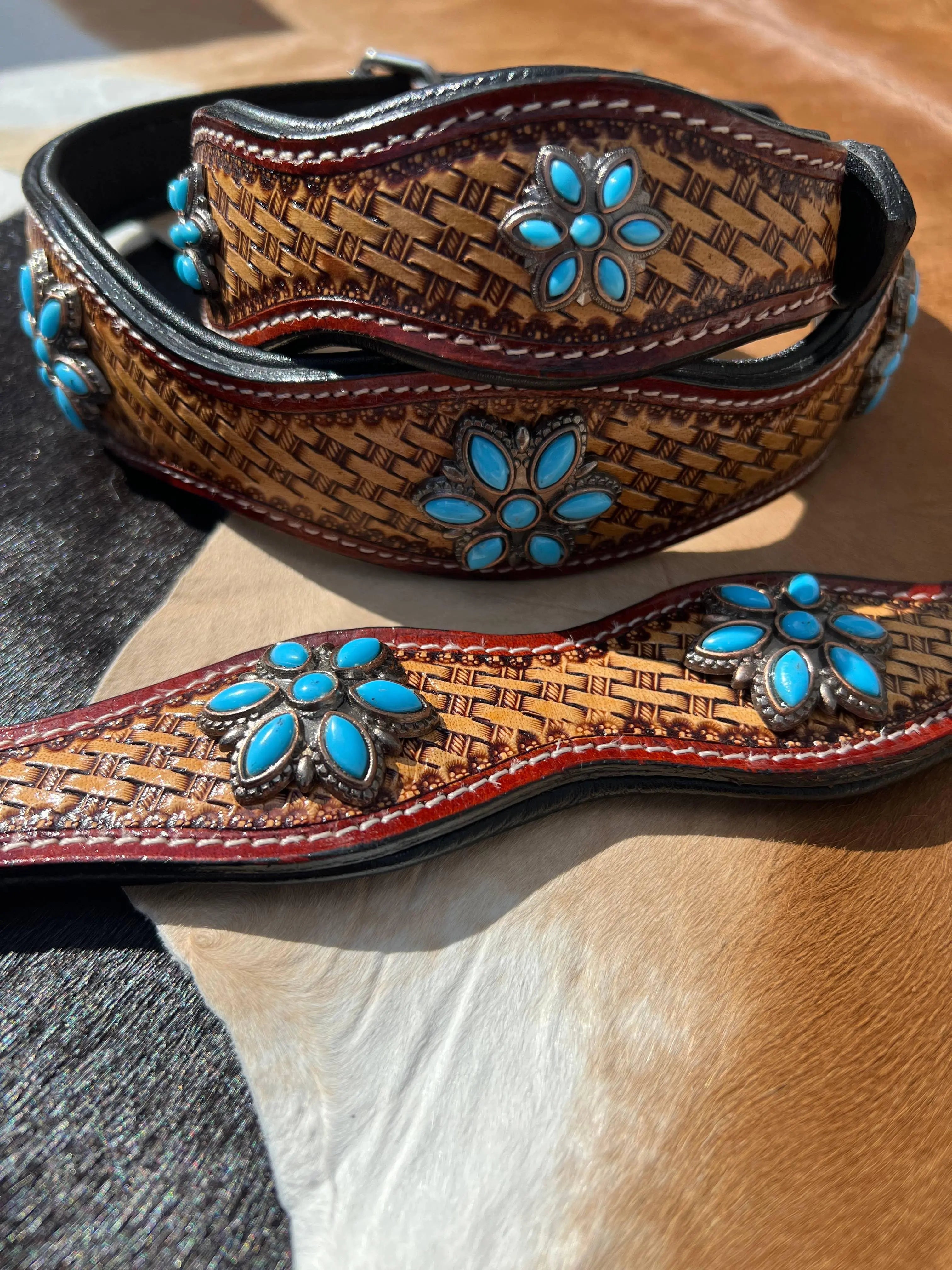 Western Basket Stamped Leather Turquoise Concho Dog Collar Dog