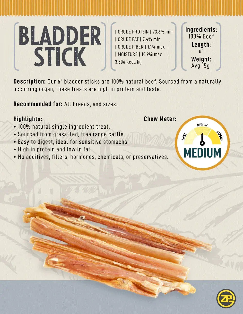 6" Low Odor Beef Bladder Sticks Dog