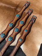 Western Basket Stamped Leather Turquoise Concho Dog Collar Dog