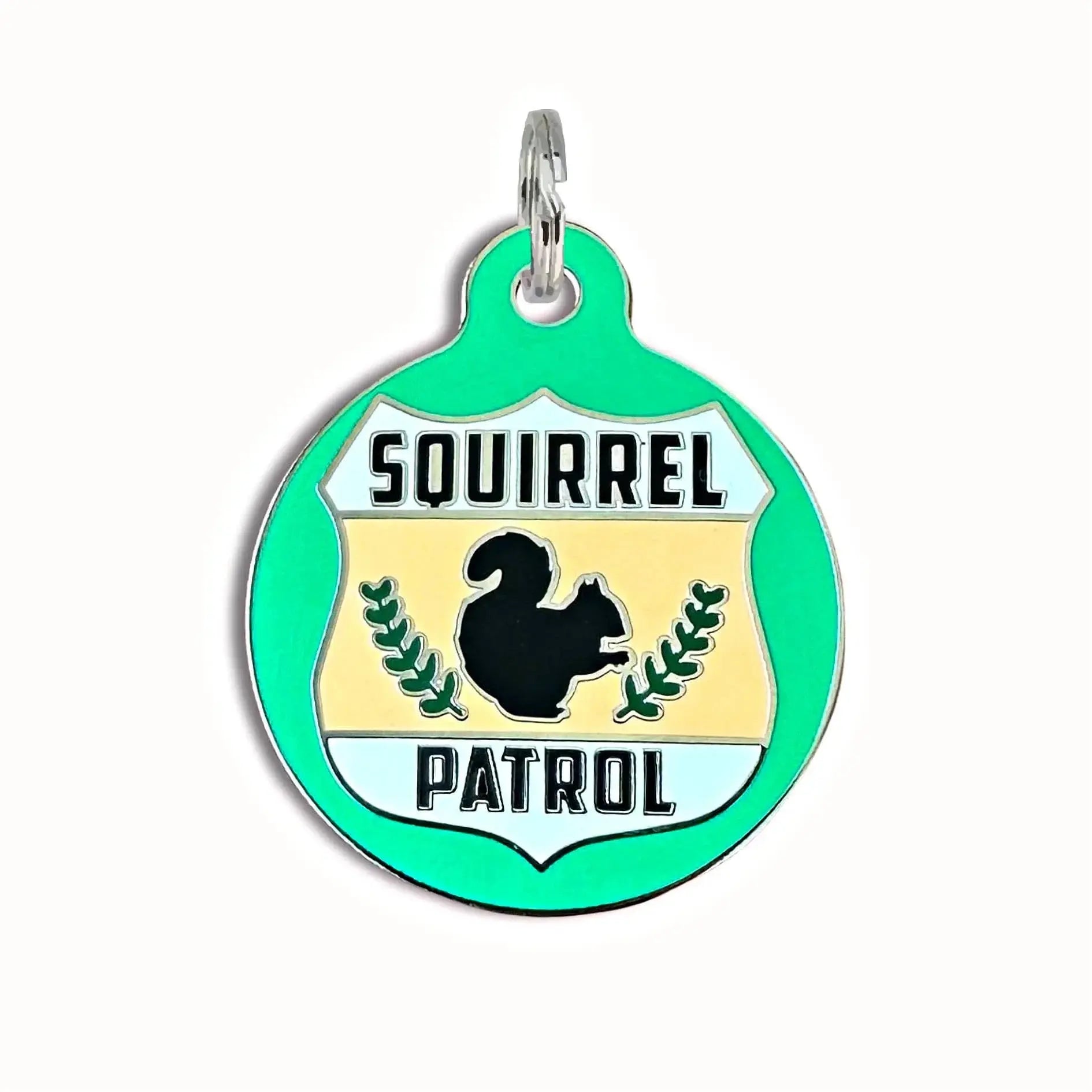 Dog ID Tag with Personalized QR Code - Squirrel Patrol Large 1.25" Green Engraved QR Code